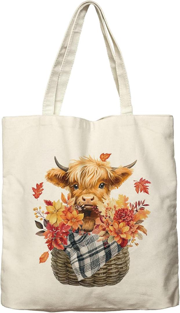 Dlzdn Fall Highland Cow Canvas Tote Bag For Women Aesthetic Shopping Grocery Bag Beach Bag Gifts for Women Teacher Bag Reusable Grocery Bag Thanksgiving Day Gift