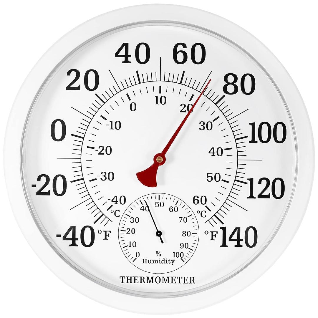 10.5 Inch Indoor Outdoor Thermometer Large Numbers - Weather Thermometer Hygrometer Waterproof, No Battery Needed Outdoor Thermometers for Patio, Home, Garden Decoration (White)