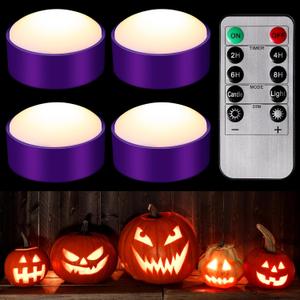 Riakrum 4 Pieces Pumpkin Lights with Remote and Timer LED Pumpkin Lights Battery Operated Jack O Lantern Bright Flameless Candles for Halloween Thanksgiving(Purple)