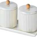 Ceramic Bathroom Canister Set with Coordinating Small Vanity Tray Qtip Holder Dispenser for Cotton Ball,Swab,Pads, Floss, Bathroom Storage Jars with Lids Pearl White