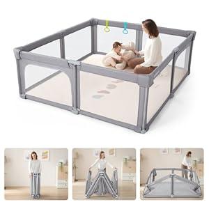 Baby Playpen Portable, Pre-Assembled Play Pen 71x79 Large Foldable Playpen for Babies and Toddlers, Sturdy and Safe Toddler Play Yard Indoor Outdoor with Carry Bag, Light Grey