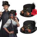 Ramede 2 Pcs Steampunk Top Hat Halloween Costume Hat with Goggles Rose for Couple Friend Cosplay Party Accessories