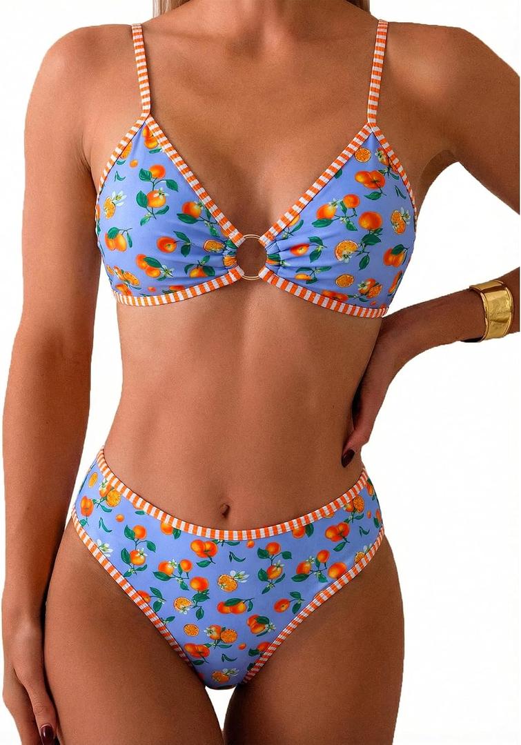 Tainehs Women's Two Piece Bikini Sets O Ring Front Top Ditsy Floral Triangle Swimsuits Cheeky Bathing Suit (Blue, M)