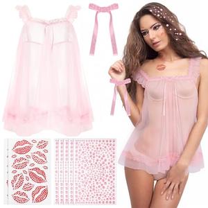 Yearntown Valentine's Lace Mesh Sheer Babydoll Lingerie Dress Set - Singer Costumes with Self-adhesive Red Lip Gems Sticker(Pink,Medium)