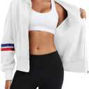 Womens Full Zip Up Long Sleeve Color Block Fleece Cropped Hoodies Winter Gym Running Outing Athletic Sweatshirts (White, M)