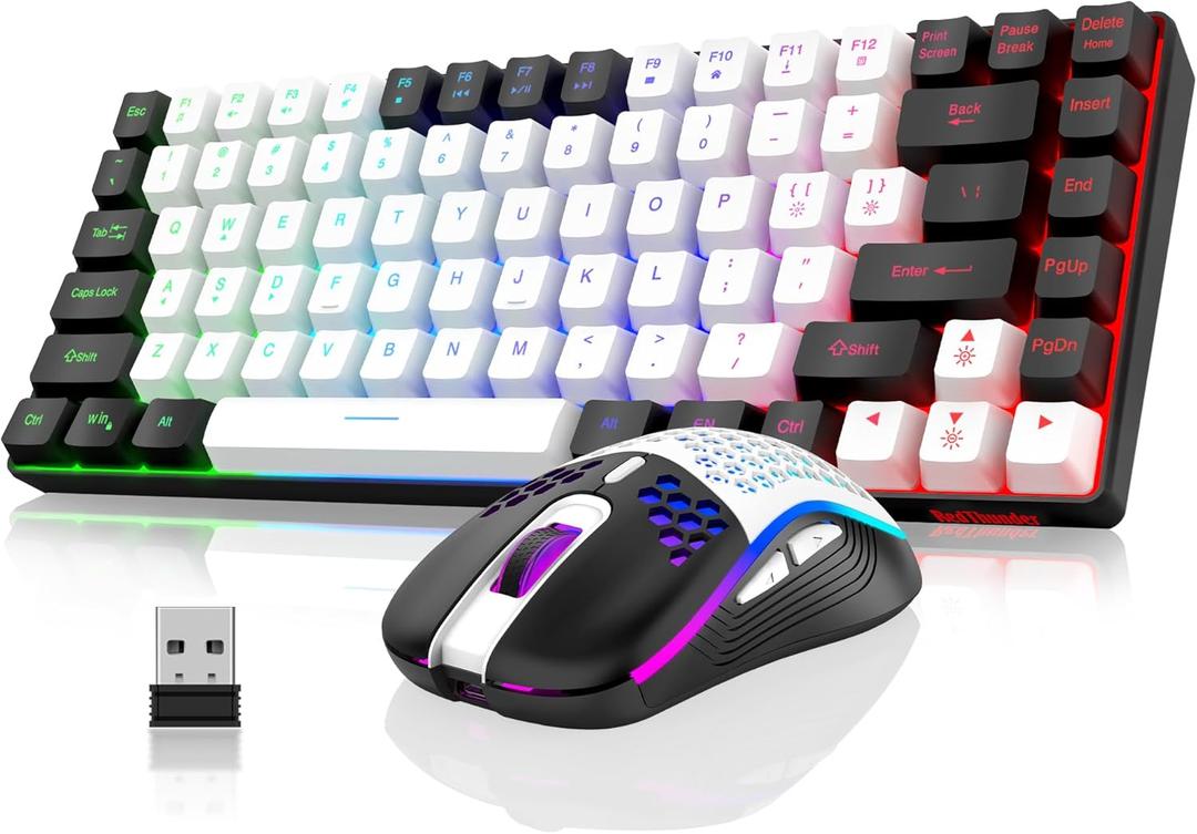 RedThunder K84 Wireless Keyboard and Mouse Combo, Rainbow Backlit Rechargeable Battery, 75% Layout TKL Ultra Compact Gaming Keyboard & Lightweight 3200 DPI Honeycomb Optical Mouse (White-Black)