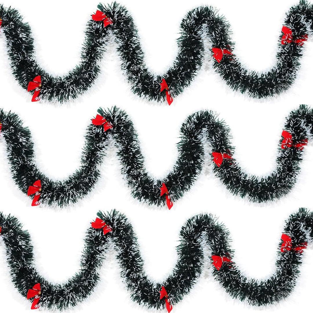 3Pcs x 8.2ft (Total:24.6ft) Christmas Tinsel Garlands with 24 Pcs Red Bows for Indoor and Outdoor Holiday Mardi Gras Xmas and Other Festivities Party Supply (Gray) 
