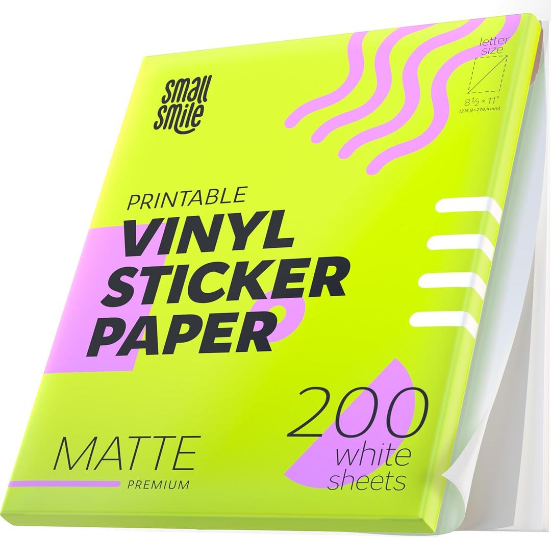 Premium Printable Vinyl Sticker Paper for Inkjet Printer and Laser - 200 White Matte Sticker Paper Waterproof - Durability Adhesive Paper 8.5x11 (Matte, 200 Sheets)