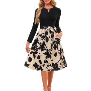 Kranda Women 2026 Spring Long Sleeve Crewneck Casual Business Church Work Teacher Outfits Ribbed Midi Dress with Pockets (Small, Black Apricot)