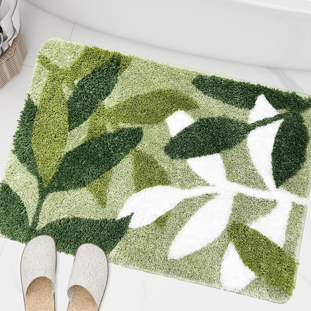 Sage Bathroom Rugs - Green Leaves Bath Mat Soft & Water Absorbent Bath Rug with Non Slip Back for Wash Basin Shower Room Bathtub Floor Bedroom Doormat 17.5 x 25.5 inch