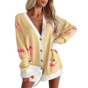 Saodimallsu Womens Oversized Cardigan Sweaters Bow Printed Button V Neck Long Sleeve Loose Knit Fall Trendy Coats Yellow (Yellow)