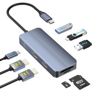 USB C Docking Station Dual HDMI, 4K@60Hz 8 in 1 Docking Station Dual Monitor for Mac/Dell/HP Laptop, HDMI Splitter for Dual Monitors, Double HDTV USB C Hub Multiport Adapter with USB/PD/SD/TF