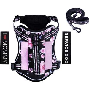 Tactical Dog Harness,Working Dog MOLLE Vest with Handle for Medium Dogs No Pull Adjustable Pet Harness Reflective Strapwith Dog Leash Set(M,Pink Floral) (M(Neck:16-20",Chest:16-27"))