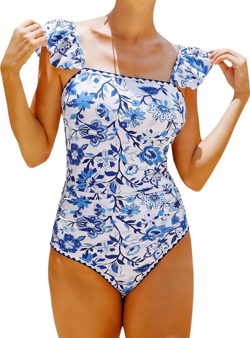 Womens Ruffle One Piece Swimsuits Ruched Tummy Control Bathing Suits Floral Swimwear Blue Floral Large (White, L)