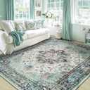 Area Rugs 5'x7' Washable Non-Slip, Floral Vintage Distress Print Pattern Medallion Carpet for Living Room Bedroom Dining Room, Green Teal Colorful (Teal Green/White/Blue/Navy/Red)