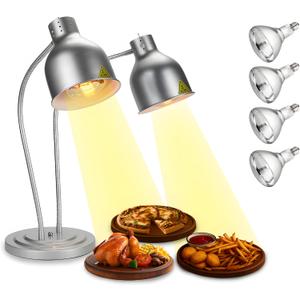 Food Heat Lamp - 550W Portable Electric Food Warmer, 4 Bulbs Included - Stainless Steel Double-Head Food Warmers for Parties Buffet Catering, Food Service, Hotels, Restaurants, Cafeteria (Silver)