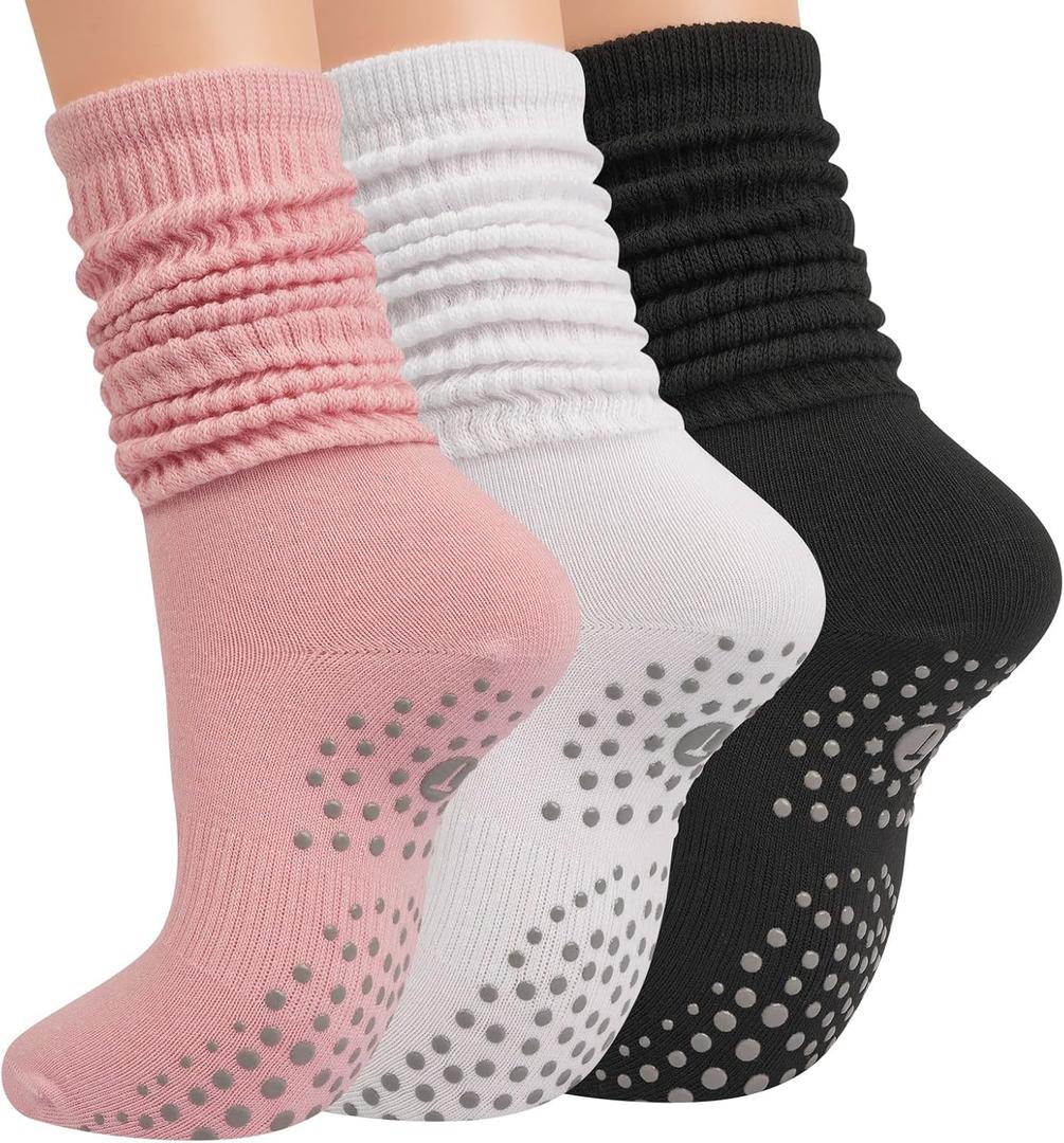 Grip Pilates Socks for Women, Yoga Slouch Socks with Grip for Barre Workout Hospital Long Scrunch Slipper Socks (White+black+pink)