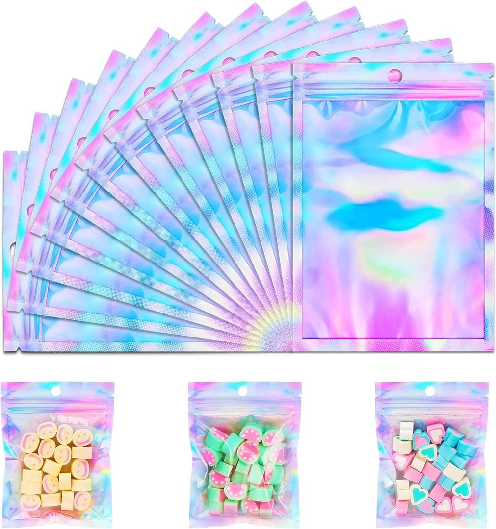 150 Pack ANZNKU 6.3 x 9.4'' Holographic Resealable Zipper Bags,Packaging Bag for Small Business, Resealable Rainbow Color Mylar Package Bag, Smell Proof Bag for Food Storage, Candy & Jewelry Packaging