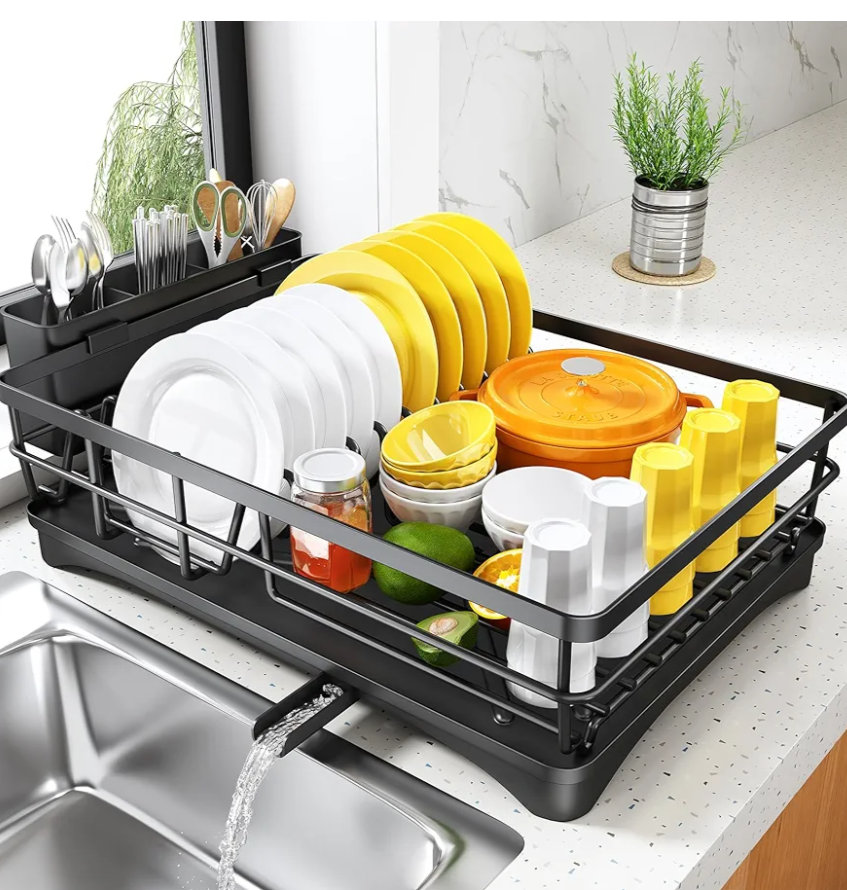 SNTD Dish Drying Rack for Kitchen Counter - Large Dish Rack with Drainboard, Rustproof Dish Drainer with Utensil Holder for Sink, Black