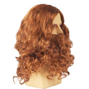 Beard Wig Men Long Curly Golden Gray Brown Wig with Beard Halloween Costume Accessory