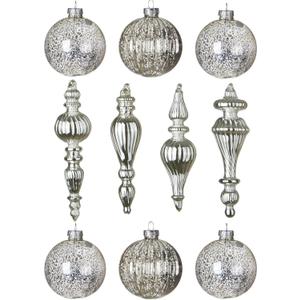 Mercury Glass Christmas Ornaments Silver Hanging Balls with Different Shapes for Xmas Tree Decor,Vintage Finials Luxury Christmas Decoration Hanging Bauble for Neutral Holiday Winter Wedding-Set Of 10