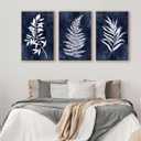Large Framed Canvas Wall Art - Natural Float Framed Rustic White Leaf Pictures Wall Art Prints for Living Room Decor Indigo Plant Artwork Decorations for Bedroom Kitchen Home Office 72" X 36" Set of 3