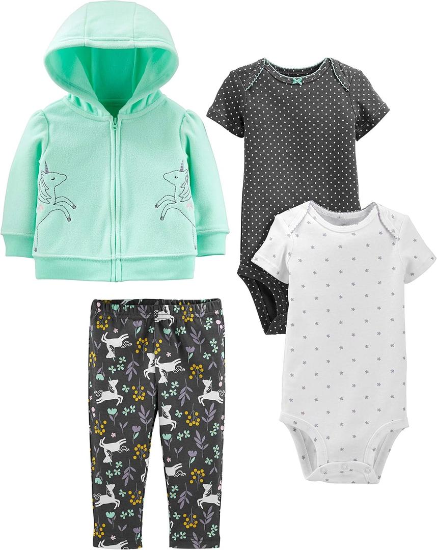 Simple Joys by Carter's Baby Girls' 4-Piece Jacket, Pant, and Bodysuit Set (Black Dots/Mint Green Unicorn/White Snowflake/Floral) 18 Months