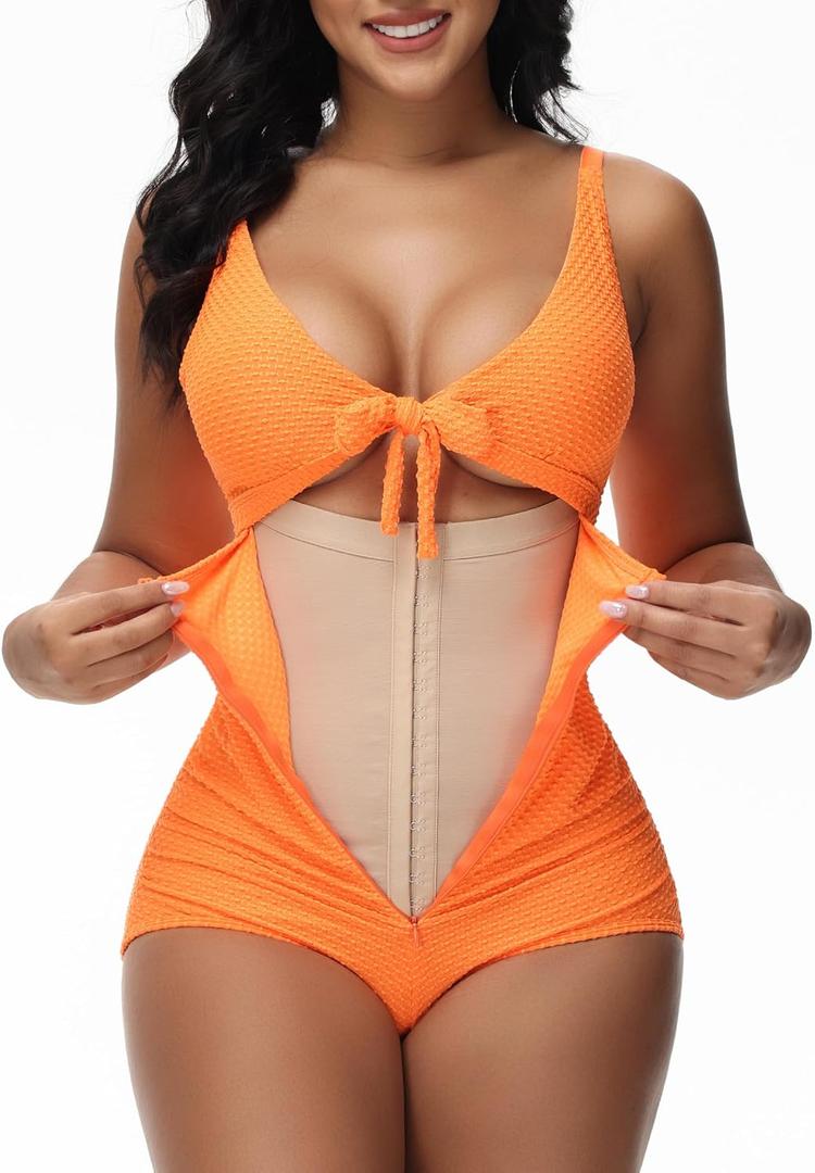 SHAPSHE Women's Tummy Control Swimsuit One Piece Slimming Bathing Suit Cutout Tie Knot Front Bikini Push Up Swimwear (Orange), L