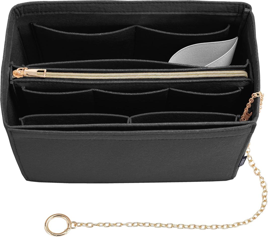 Purse Organizer Insert, Handbag Organizer with Zipper, Tote Shaper with Cup Holder & Keychain, Compatible with LV, Neverfull, MK, COACH, Longchamp, Kate Spade Black Med