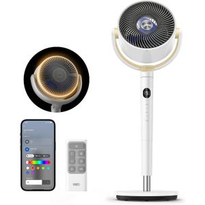 DREO Smart Pedestal Fan for Bedroom, 120°+120° Omni-Directional Oscillating 100ft Quiet Airflow, RGB Light, 9 Speeds 6 Modes, 8H Timer, WiFi/Voice/Alexa, 35-40" Adjustable Height Standing Fan, White