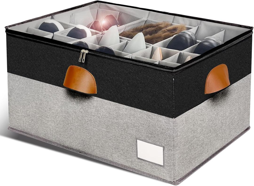 Shoe Organizer for Closet, Foldable Shoe Storage Bins with Clear Cover, Space Saving Shoes Holder with 4 Handles, Large Adjustable Shoe Box Storage Containers, Fits 12-24 Pairs, 1 Pack, Black