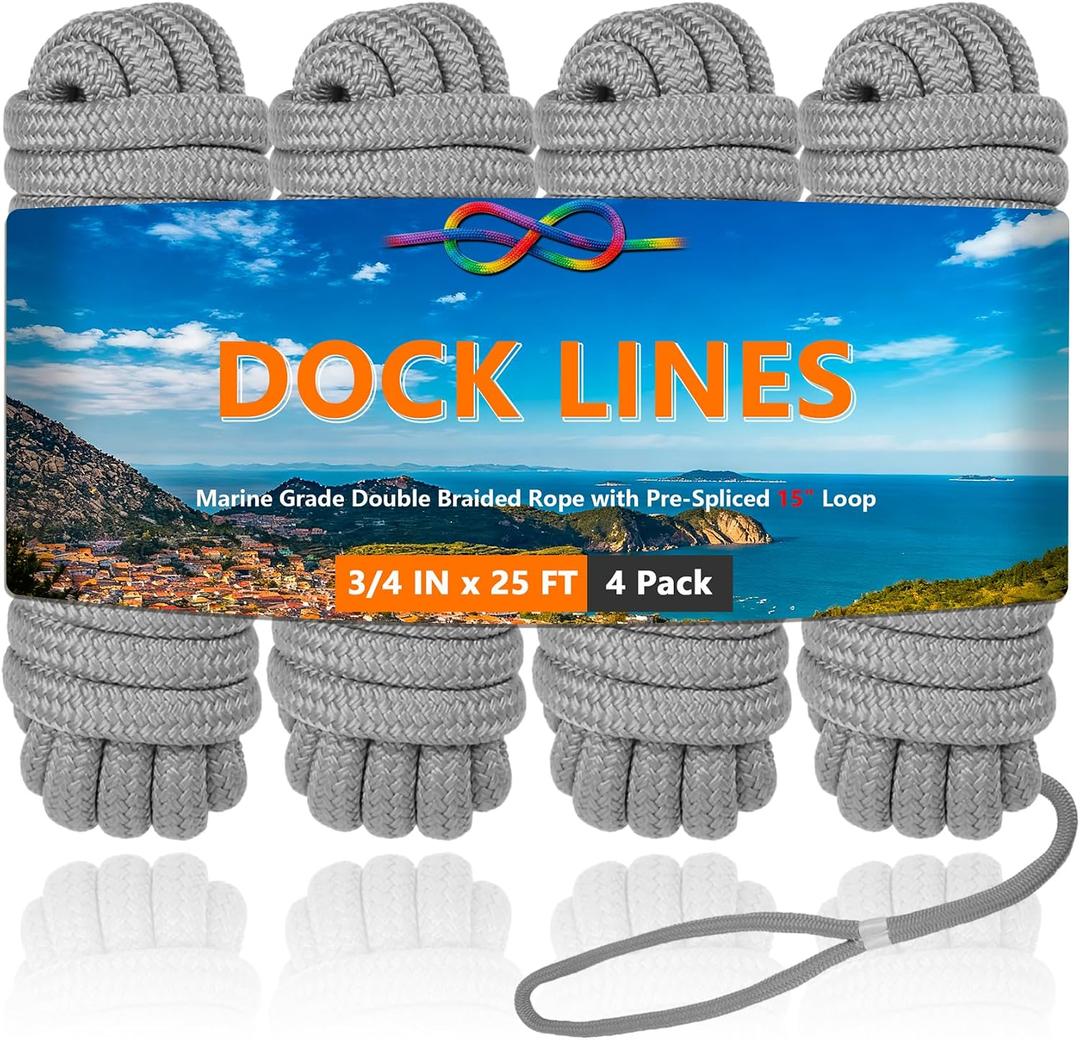 3/4" x 25' Dock Lines 4 Pack, Boat Dock Lines Double Braided with Pre-Spliced 15" Loop, Boat Rope Marine Rope High Strength Mooring for Docking Tie Down (Gray)