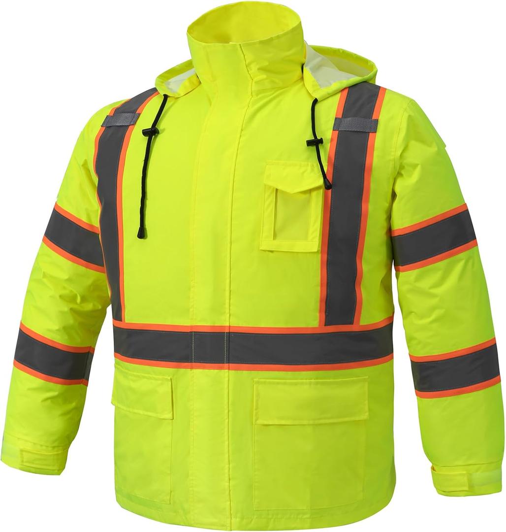 Wuple Men's Hi Vis Rain Jacket & Safety Rain Coat Waterproof Lightweight with Hood, Class 3 Reflective Adult Yellow Work Rain Jacket (L/XL)