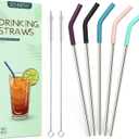 Senneny Set of 5 Stainless Steel Straws with Silicone Flex Tips Elbows Cover, 2 Cleaning Brushes and 1 Portable Bag Included (Silver)- 8mm diameter
