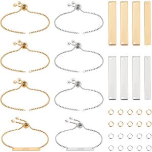 UNICRAFTALE 2 Colors 8Set Engravable Bracelets DIY Kit Including Rectangle Engravable Blank Tags Links Connectors 24cm 304 Stainless Steel Slider Bracelet 4mm Open Jump Rings for Bracelets Making