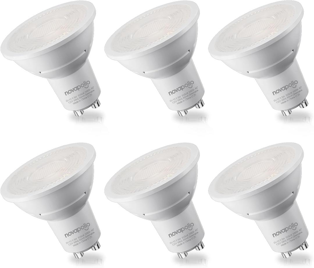 GU10 LED Bulb, Dimmable 3000K Warm White 500 Lumens, 5.5W GU10 Bulb 40 Flood Beam Replacement for Recessed Track Lighting, Two Prong Light Bulb for Range Hood, Kitchen, Living Room, 6 Pack