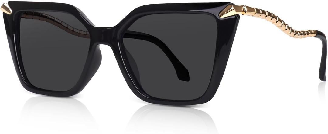 DrRelax Big Square Sunglasses Womens Retro Polarized Sun Glasses with Metal UV 400 Protection (Black/ Grey)