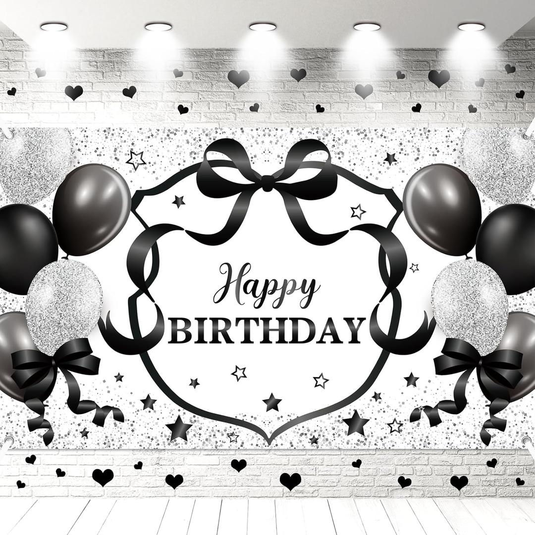 6 x 3.6 ft Black Bow Birthday Decorations Backdrop Black and White Party Decor Bow Happy Birthday Banner Backgrounds Backgrounds for Girls Women Baby Shower Photo Props Bachelorette Supply