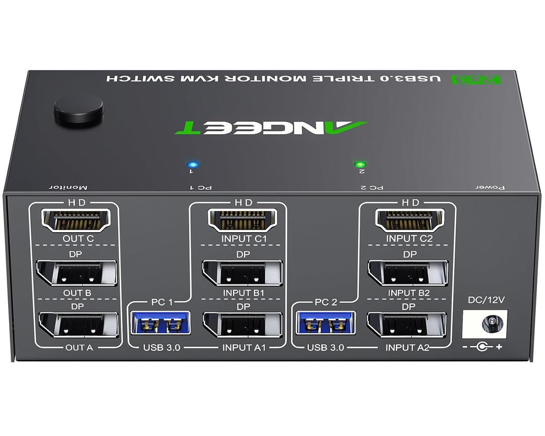 KVM Switch 3 Monitors 2 Computers 8K@60Hz 4K@144Hz, ANGEET HDMI and Displayport KVM Switch Triple Monitor for 2 Computer Share 3 Monitor and 4 USB3.0 Devices, with Wired Remote and Power Adapter
