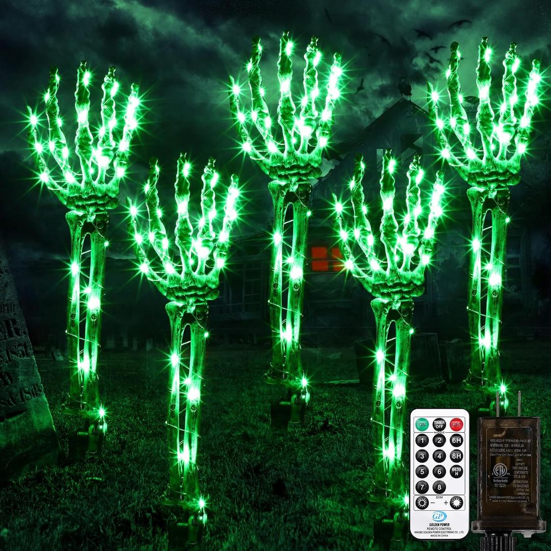Halloween Decorations Outdoor Skeleton Stakes - 5 Pack Light Up Arm Stakes Decor 150 LED Waterproof Hands Pathway Lights with 11 Lighting Modes Indoor Outside Yard Lawn Garden Scary Creepy Party Props