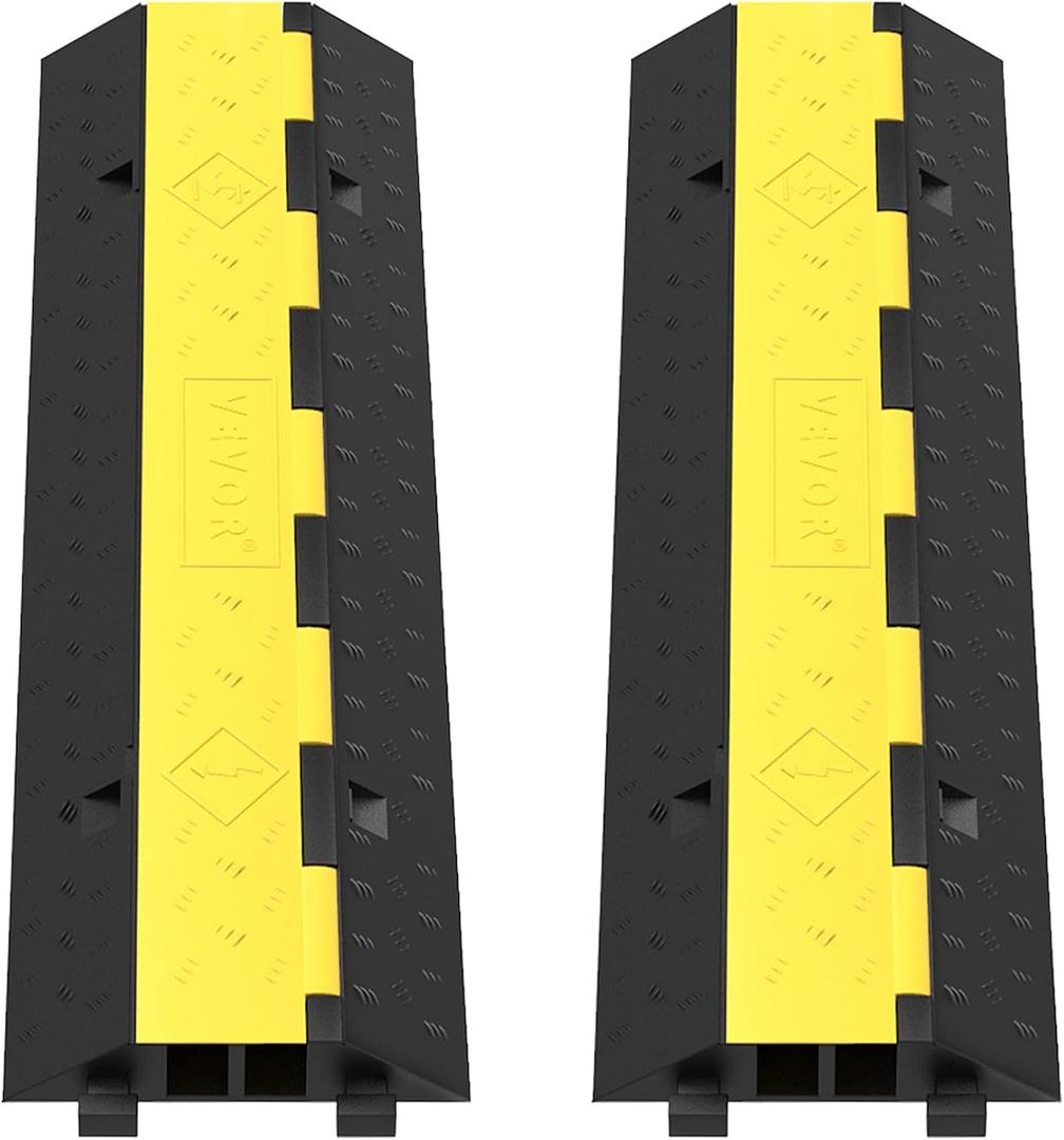 VEVOR Cable Protector Ramp, 2 Packs 2 Channels Speed Bump Hump, Rubber Modular Rated 11000 LBS Load Capacity Protective Wire Cord Driveway Traffic, Black