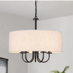 5 Lights Drum Chandelier for Dining Room 19" Modern Farmhouse Black Chandeliers with Shades Round Pendant Light Fixtures Linen Hanging Chandeliers for Bedroom Living Room Kitchen Over Table Foyer