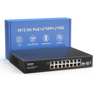 YuanLey 18 Port 2.5G PoE Switch Unmanaged, 16 x 2.5G Base-T PoE Ports, 2 x 10G SFP+, IEEE802.3af/at, 250W, Compatible with 100/1000/2500Mbps, Metal Case, Desktop/Rack Mount 2.5Gbe Network Switch