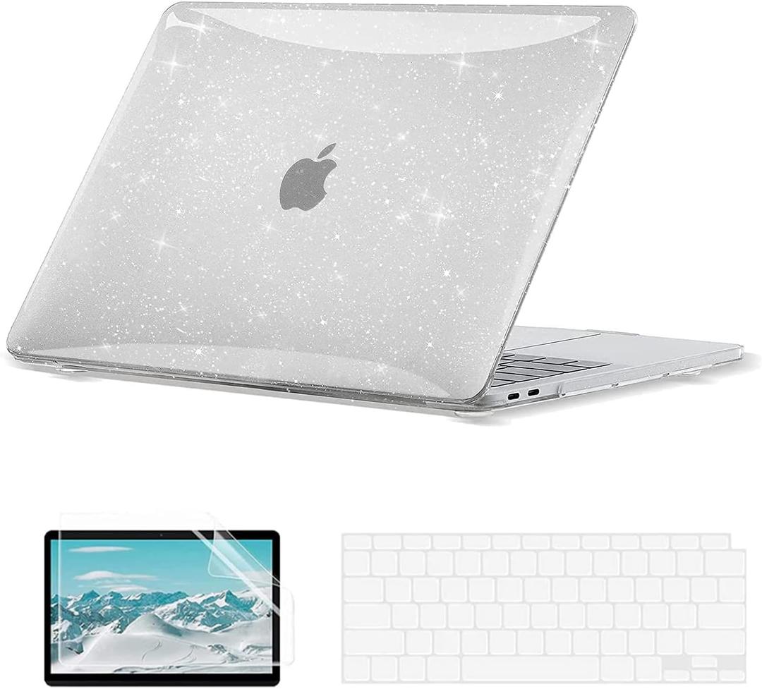EooCoo Hard Case Compatible with MacBook Air 13.3 inch M1 Chip 2021-2018 with Retina Display, Air 13.3 inch Plastic Protective Case + Transparant Keyboard Cover + Screen Protector, Sparkly Clear