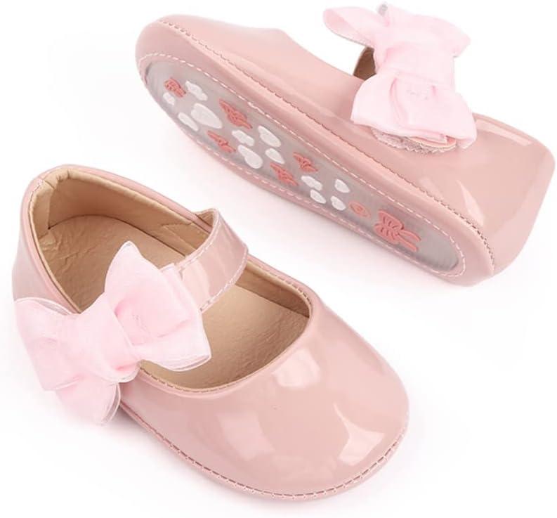 Meckior Infant Baby Girls Soft Sole Bowknot Princess Wedding Dress Mary Jane Flats Shoes Easter Light Baby Sneaker Shoes (0-6 Months Infant, B05/Pink)