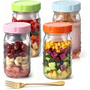COOLCAA 4 Pack Glass Salad Jars with Lids and Fork, 32oz Mason Jar Salad Containers for Lunch with Removable Dressing Cup, Leakproof Glass Container for Lunch Meal Prep Jars, BPA Free & Reusable