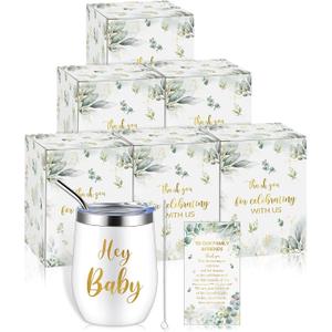Hoolerry 6 Set Baby Shower Game Prizes for Guests Winners 12 oz Insulated Stainless Steel Tumbler Cup with Lids, Straws, Cleaning Brush, Cards & Boxes Return Gifts(White Green,Greenery)