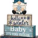 4 Pcs Winter Table Decorations Blue and White Gnome Snowflake Decor Winter Tiered Tray Decor Christmas Centerpiece for Tables Wooden Decorative Gnome Signs Gifts for Kitchen Office Home