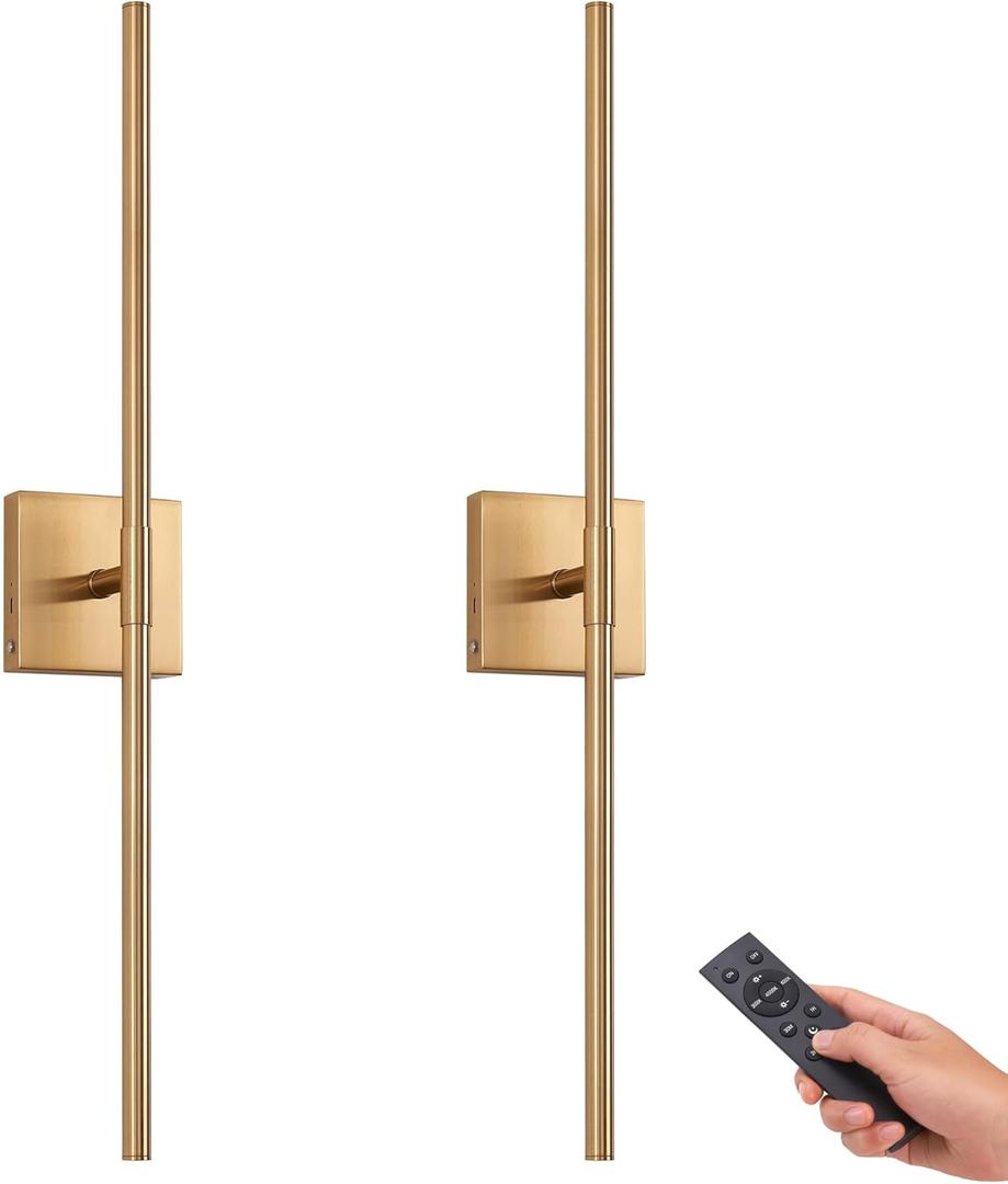 Battery Operated Gold Wall Sconces Set of 2, 30" Wireless Rechargeable LED Wall Lamps with Remote Control, 3 Color Stepless Dimming 360 Rotate Wall Decor Lighting for Living Room Hallway Bedroom (30 Inch, Gold)