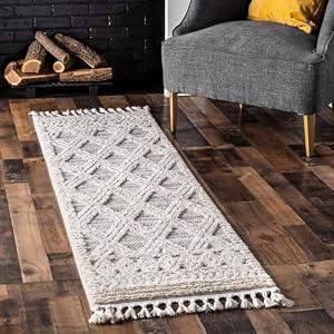 nuLOOM 2'6" x 12' Ansley Moroccan Tassel Area Rug, Light Grey, High-Low Textured Bohemian Design, Plush High Pile, Stain Resistant, For Bedroom, Living Room, Hallway, Entryway